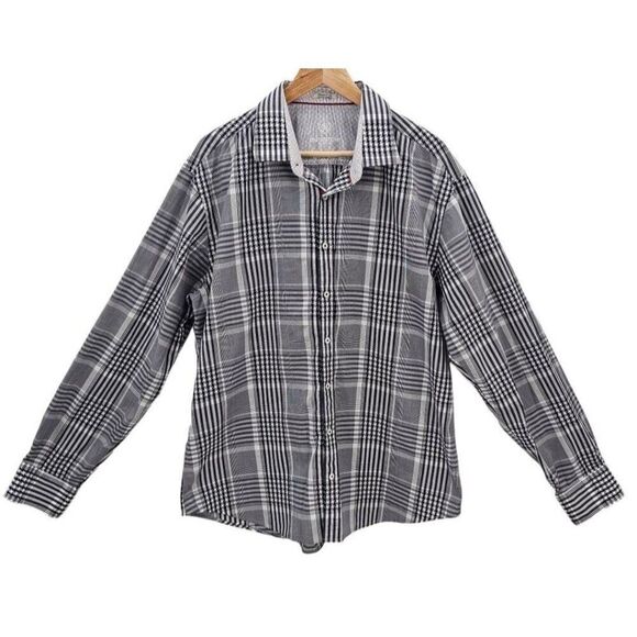 Bugatchi Stretch Fit Mens XXL Navy White Plaid Button Down Shirt - Picture 1 of 12